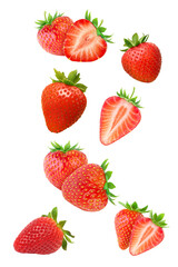 Falling strawberry fruits whole and cut in half isolated on transparent background