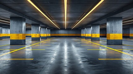 Modern Underground Parking Garage with Yellow Markings