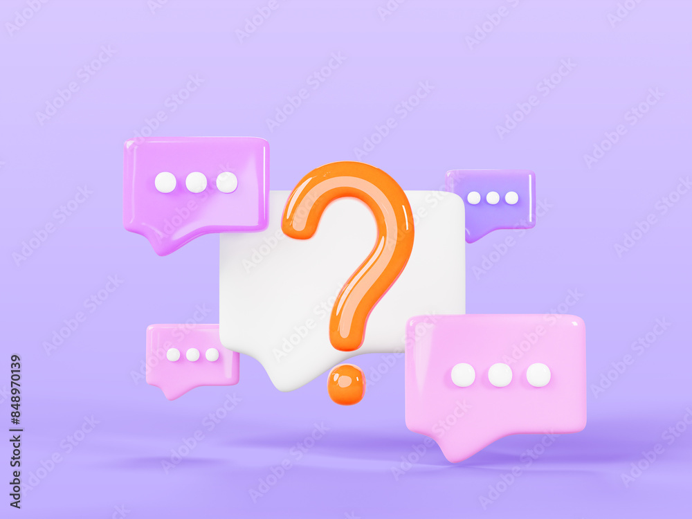 Poster 3d speech bubbles with question mark render. chat message icons, signs of faq, dialog with support. 
