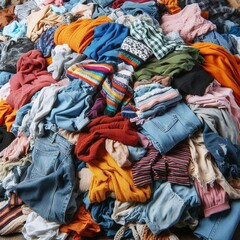 A pile of old colorful used clothes and textiles. Fast fashion. Clothes recycling