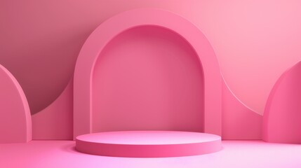 A pink room with a pink archway and pink walls