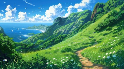Obraz premium A beautiful landscape with a green hillside and a blue ocean in the background. The sky is cloudy, but the overall mood of the image is peaceful and serene