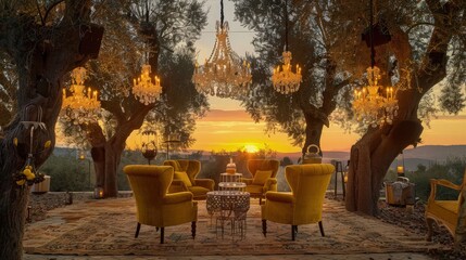 Obraz premium A chic cocktail enclave with mustard yellow velvet armchairs on rustic jute rugs, crystal chandeliers hanging from olive trees, casting a golden hue 