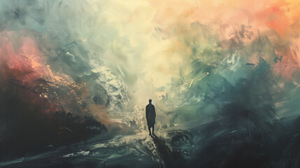 Obraz premium solitary figure standing against abstract dawn background in ethereal colors