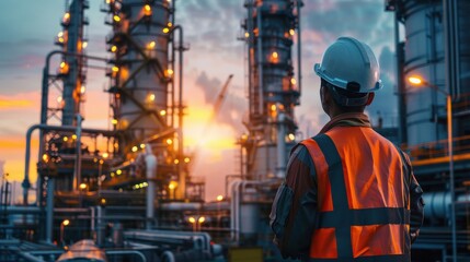 Fototapeta premium A man in an orange safety vest stands in front of a large industrial plant