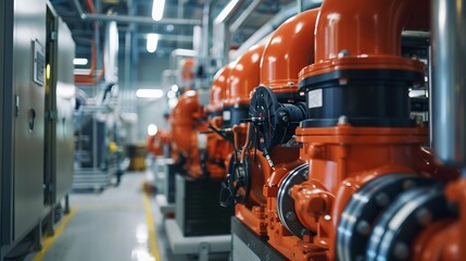 Fototapeta premium Industrial Machinery in Modern Factory with Bright Orange Pipes and Advanced Equipment in a Clean, Well-Lit Environment