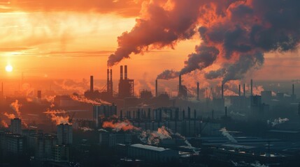 A large industrial area with smoke and clouds in the sky