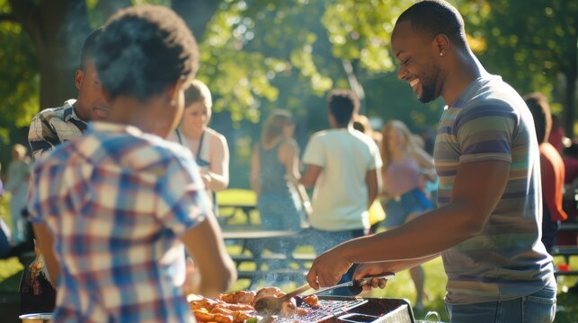 Diverse group of people enjoying sunny day in park