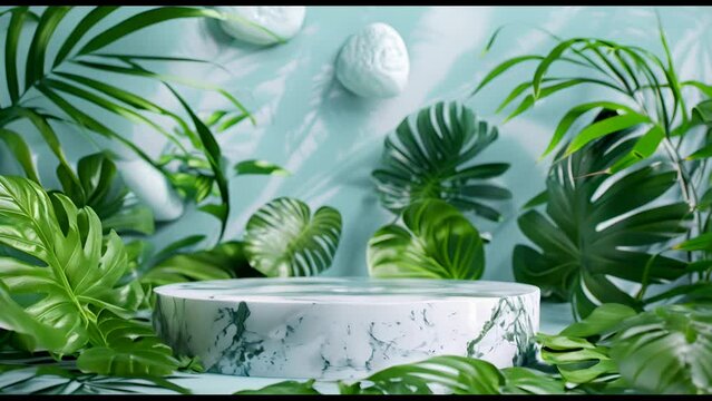 A white pedestal with green leaves surrounding it. The leaves are in various sizes and are scattered around the pedestal. The scene is set in a lush, tropical environment, with the leaves