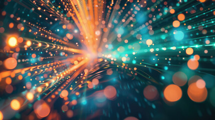 Fototapeta premium Abstract background with blue and orange blurred bokeh lights, speed effect 
