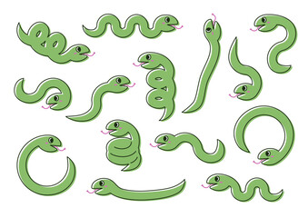 かわいい緑色の蛇のイラストセット（黒フチ）