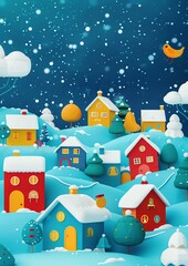 Fototapeta premium 3d, a greeting card with houses and trees in the snow, colorful cartoon illustration of smiling characters, bold lines, simple shapes, flat design, textured illustrations, Christmas theme,