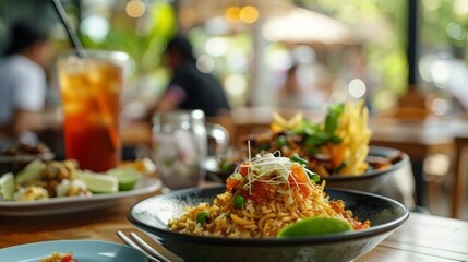 Delicious meal with iced tea on a wooden restaurant table.
