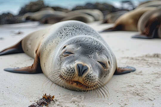 Colony of seals resting on the beach at Seal Bay on Kangaroo Island, Australia
