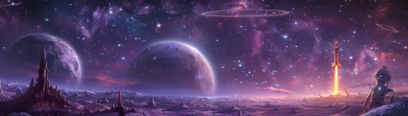 A space scene with a large planet and a rocket