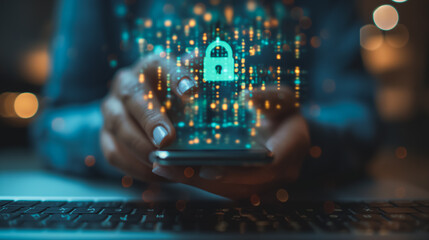 A person is holding a cell phone with a blue lock on the screen. Concept of security and protection, as the lock symbolizes the device's ability to keep information safe. Scene is serious and focused