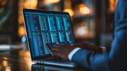 A man is typing on a laptop and tablet, possibly working on a project or analyzing data. Concept of focus and productivity, as the man is fully engaged in his work