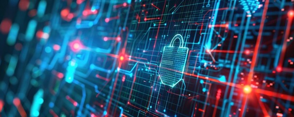 Obraz premium Futuristic digital interface with cybersecurity elements, showcasing data protection and network security, ideal for tech-related projects.