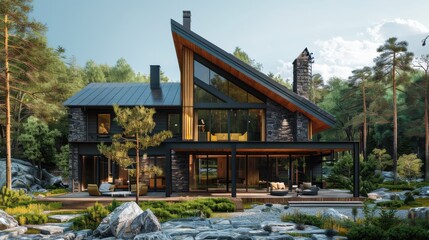 Fototapeta premium Resort with a wooden deck and a view of the mountains. rain season travel
