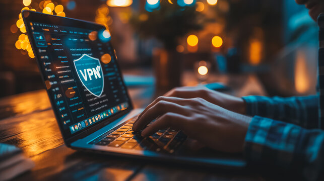 A person is typing on a laptop with the word VPN on the screen