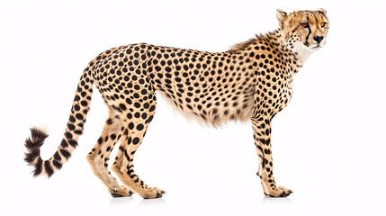 Fototapeta premium Cheetah walking isolated in white background in Kgalagadi transfrontier park, South Africa; Specie Acinonyx jubatus family of Felidae