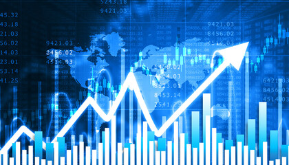 Stock market trading graph with moving arrow. Global financial concept. 3d illustration.