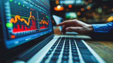 A person is using a laptop to look at stock market charts