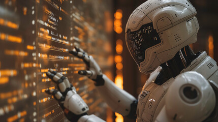 Fototapeta premium A robot is touching a computer screen with its hands