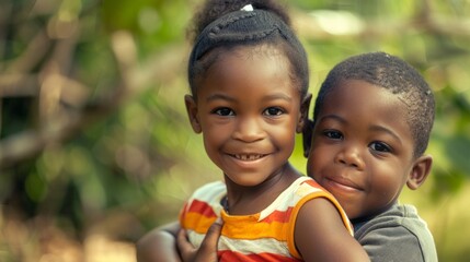 beautiful african siblings, young black girl carrying a young boy.