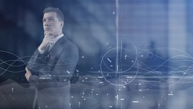 A business man thought about the coordinate system and pie charts in the background to which light waves move and graphs grow. Scientific development and technological research. Cg