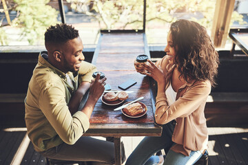 Happy, couple and coffee with food at restaurant for nutrition, romance and bonding together. Man, woman and smile in love with date at cafe for breakfast, beverage and conversation in morning