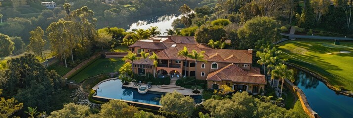 Obraz premium Aerial and Drone Photography luxurious residential property, featuring a well-maintained house with a pool and landscaped garden