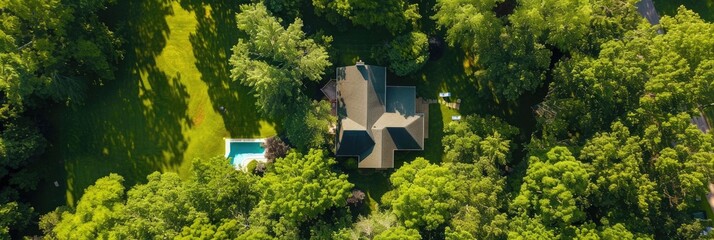 Aerial and Drone Photography luxurious residential property, featuring a well-maintained house with a pool and landscaped garden