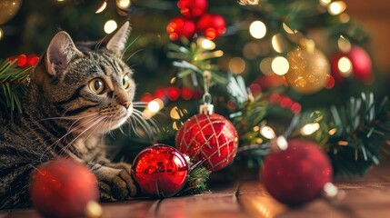 Obraz premium Cat by a Christmas tree with red glass balls and lights copy space