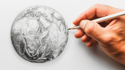 A hand is drawing a globe with a pencil. The drawing is of a planet with a white outline