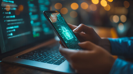 A person is holding a cell phone and typing on a laptop. The laptop screen shows a green lock symbol. Concept of security and protection, as the person is using the phone