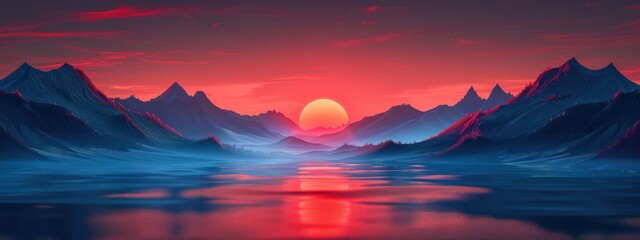 Early morning sun paints the mountain peaks casting a reflection on a calm lake