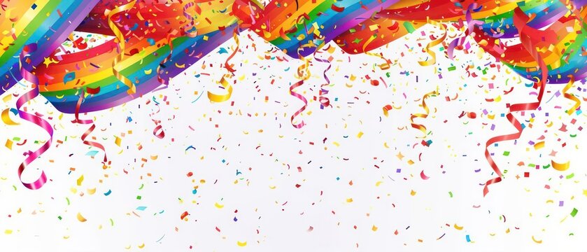 A cheerful Pride Day scene with colorful confetti and rainbow streamers cascading against a white background, perfect for a festive banner