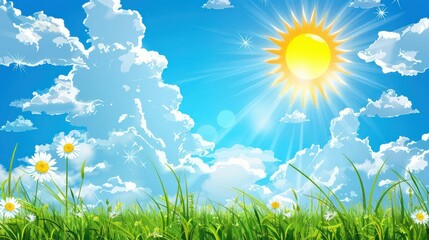 Obraz premium A cheerful summer scene with a clear blue sky, fluffy white clouds, and a shining sun, perfect for a banner