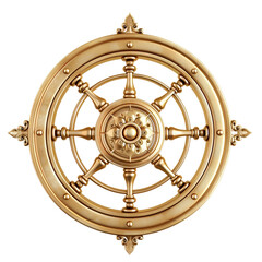 Obraz premium Golden ship wheel isolated on a white background, representing nautical theme and maritime navigation with a vintage design.