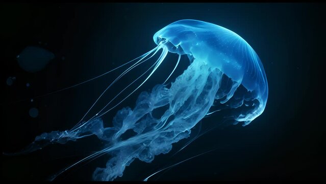 A blue jellyfish with a long tail is floating in the water. The jellyfish is surrounded by a dark blue background