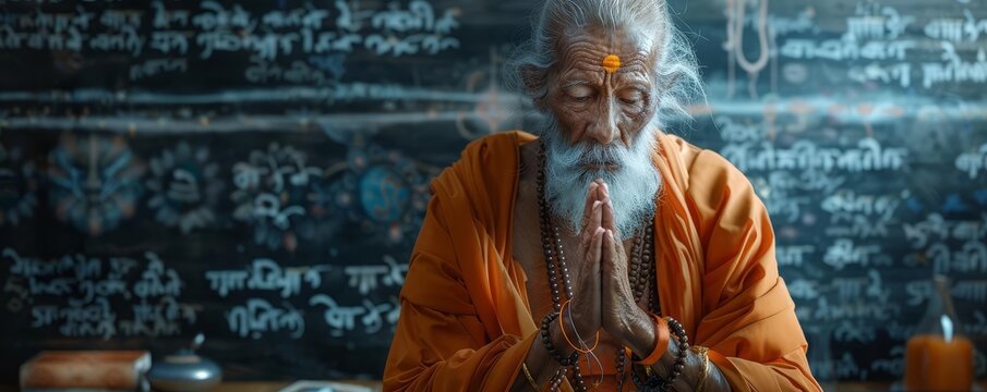 An elderly man with white beard and traditional attire, in prayer pose, with a chalkboard of Sanskrit texts in the background.