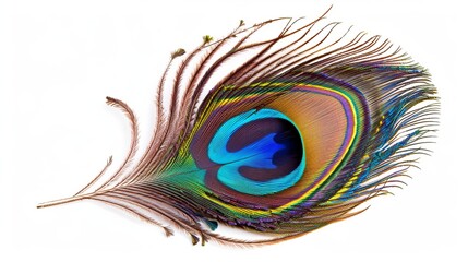 Fototapeta premium peacock feather with vibrant color on white background