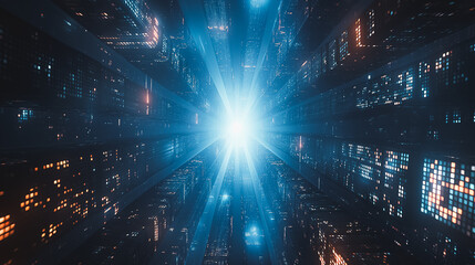 Obraz premium A bright light shines through a cityscape, illuminating the buildings and creating a sense of wonder and awe