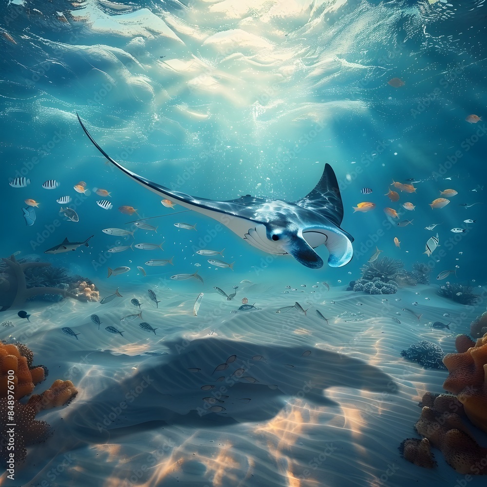 Canvas Prints Majestic Manta Ray Soaring Over a Sandy Ocean Floor Surrounded by a School of Small Fish