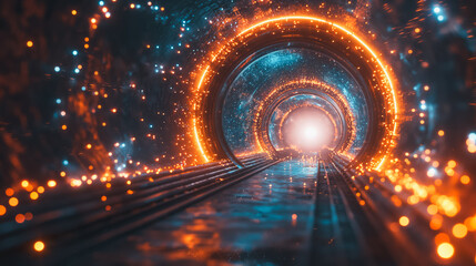 Obraz premium A tunnel with a train going through it. The tunnel is lit up with bright colors and has a futuristic feel to it