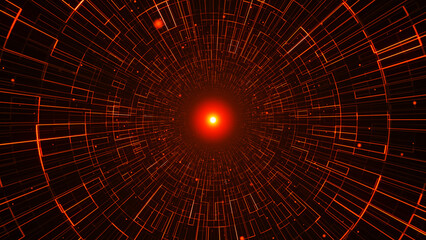 Flight motion graphics in digital cylindrical tunnel with particles. Abstract digital background. Data flow information. Technological tunnel.