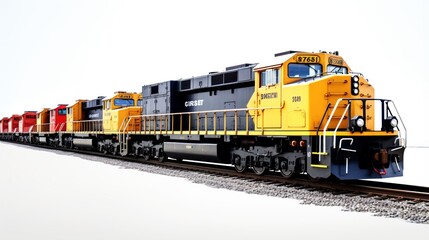 Modern Yellow Freight Train on Railway Tracks. Locomotive isolated on a white background