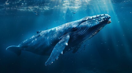 Fototapeta premium Majestic Blue Whale Cruising Through Deep Blue Ocean Waters