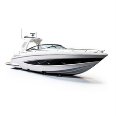 White yacht motor boat isolated on white background. A modern means of transportation on water. Luxurious personal vehicle, symbol of wealth